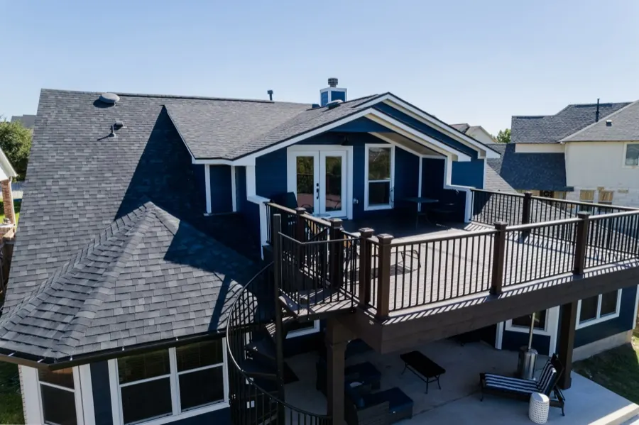 Aerial view of a second-story deck addition on an Austin, TX home