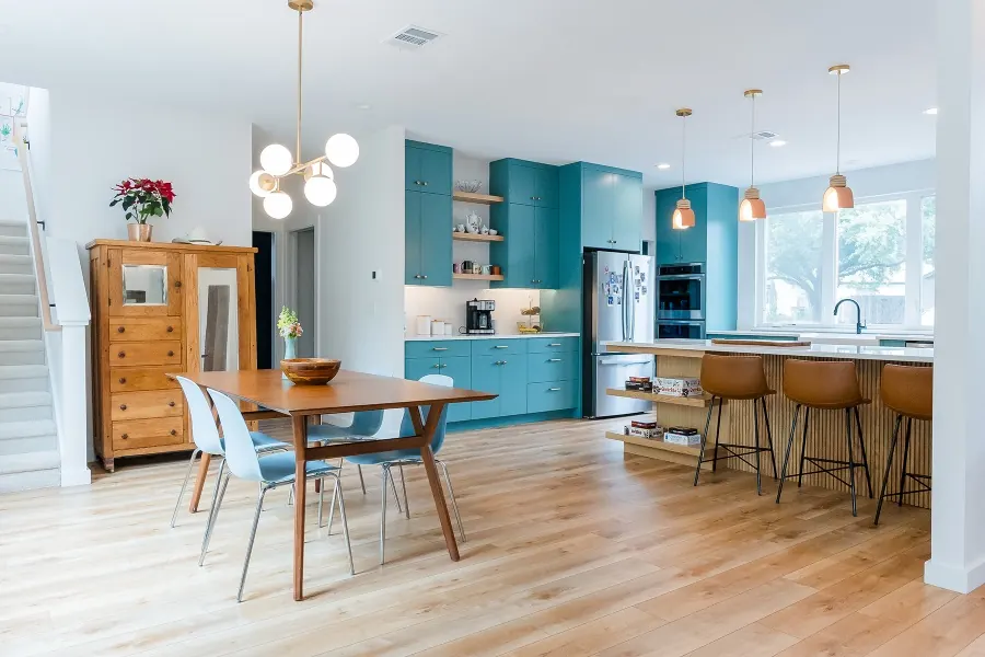 Open-concept kitchen and dining from a whole home remodel in Austin, TX