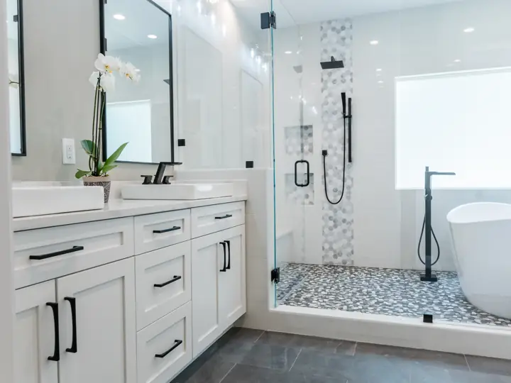 Spa-style primary bathroom with walk-in wet room, freestanding tub, and double vanity
