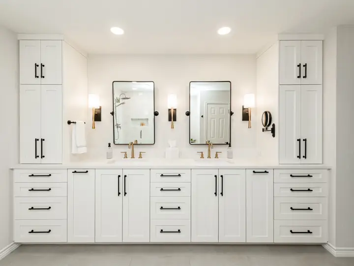 Double vanity with white shaker cabinets and black hardware