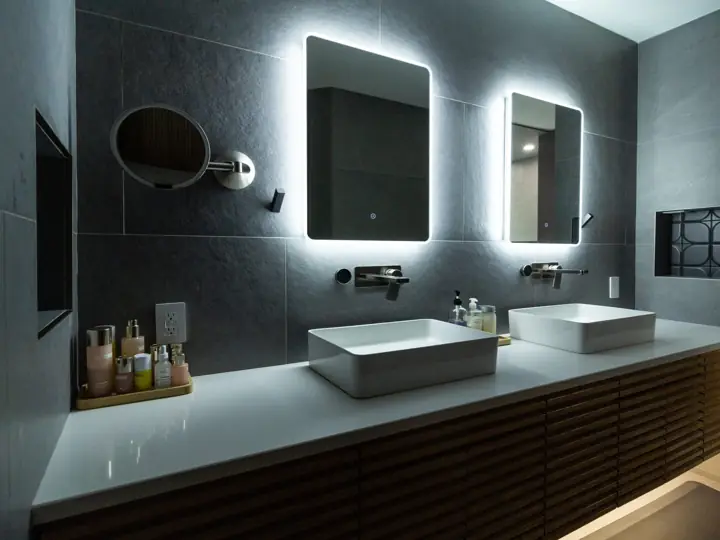 Floating wood vanity with vessel sinks and backlit mirrors