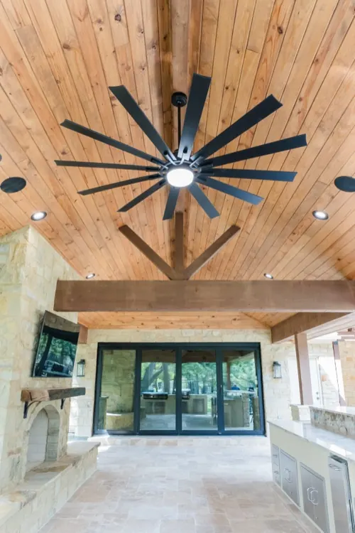Vaulted cedar ceiling of an outdoor living pavilion, Austin TX