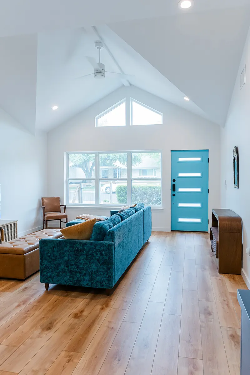 Vaulted living room remodel with clerestory windows, Austin TX